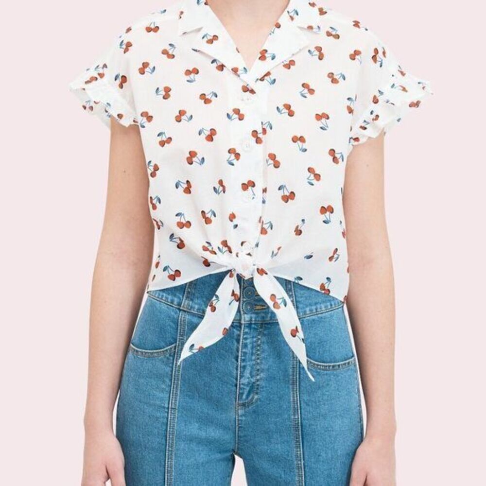 NWT kate spade Cherry toss tie-front top, French cream, all cotton‎